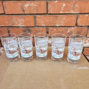 Lot of 5 Vintage 12oz. Christmas Glasses Sleigh Ride Deer and Holly Themed